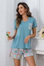 PNAEONG Womens Pajama Sets Short Sleeve V Neck Top and Plaid Shorts Lounge Sets Casual Pjs Soft Sleepwear