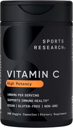 Sports Research High Potency Vitamin C Supplement - Vegan Veggie Capsules for Antioxidant Activity & Immune Support - Non-GMO Verified & Gluten Free - Ascorbic Acid Vitamin C 1000mg, 240 Count