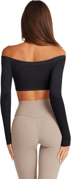 LASLULU Womens Off The Shoulder Tops Seamless Long Sleeve Workout Crop Top Sexy Gym Yoga Going Out Tops Shirts
