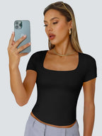 Trendy Queen Double Lined Short Sleeve Tshirts for Women Square Neck Cute Crop Top Spring Summer Basic Tees Workout Going Out