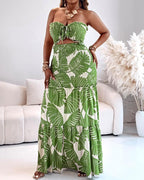 CHICME Floral Printed Prom Dress Tie Ruched Shirred Bandeau Party Dress Slim Fit Ruffle Hem Vacation Dresses