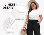 JINKESI Women's Summer Causal Short Sleeve Blouse Round Neck Crop Tops Twist Front Tee T-Shirt