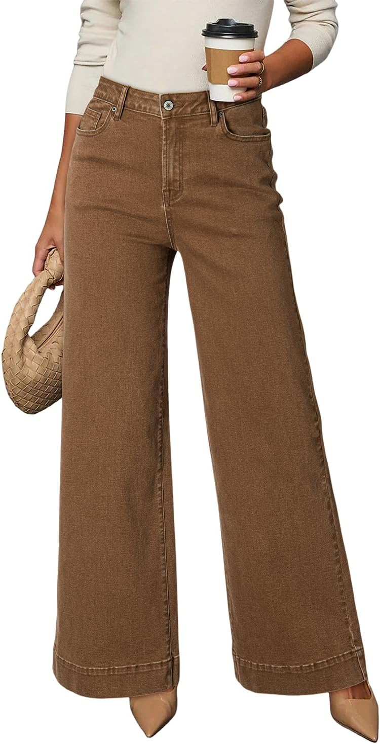 DOKOTOO Women's Casual High Waisted Jeans Stretch Button Wide Leg Loose Denim Pants with Pockets