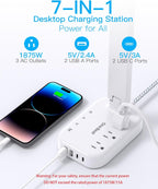 One Beat LED Small Desk Lamp Power Strip 5ft Extension Cord, 3 Outlets, 4 USB Ports(2 USB C), 4 Modes, 5 Level Touch- Home, Office, Bedroom, Bedside, Study Reading Light, Dorm Room Essentials, White