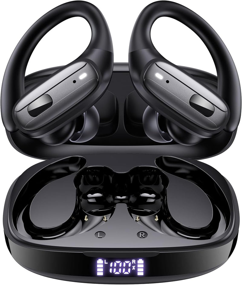 LEEMC Wireless Earbuds, Bluetooth Headphones 5.4, Ear Buds with Hooks for Sports, 80Hr Playtime Earphones, LED Display, IPX7 Waterproof Headset for Workout Running, Black