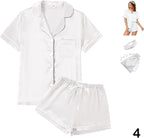 WJing Yi Jia 4Pcs Womens Satin Silky Pajama Sets Short Sleeve Shirt XS-4XL Floral Pajamas Set Soft PJ Loungewear Sleepwear
