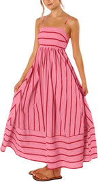chouyatou Women's Striped Back Smocked Maxi Dress Sexy Spaghetti Strap Cut Out Flowy Swing Long Dress