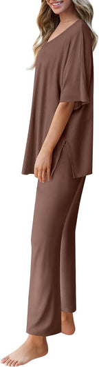 Ekouaer Lounge Sets for Women Pajamas Set Short Sleeve Tops and Long Pants Soft 2 Piece Outfits with Pockets S-XXL