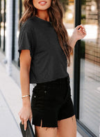 Tankaneo Women Short Sleeve Cropped T-Shirts Crew Neck Loose Crop Tops Summer Casual Drop Shoulder Basic Tees