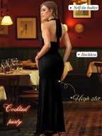 Kaei&Shi Women's Backless High Slit Deep V Neck Ruched Halter Maxi Dress Formal Prom Evening Wedding Guest Party