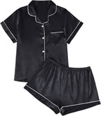 LILLUSORY Silk Satin Pajama Set for Women 2 Piece Lounge Pjs Winter Matching Summer Sleepwear Button Down Shirt Shorts