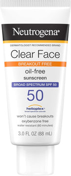 Neutrogena Clear Face Sunscreen Lotion for Acne-Prone Skin, Broad Spectrum SPF 50, Sunscreen for Face & Oily Skin, Oil-,Fragrance- & Oxybenzone-Free, Water Resistant, Matte, Unscented, 3 Fl Oz