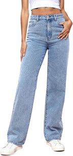 Women's Straight Leg Jeans Tummy Control Trendy High Waisted Stretchy Casual Denim Pants Baggy Trousers