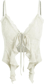 CIDER Going Out Tops for Women Y2K Tie Front Asymmetrical Ruffle Hem Lace Spaghetti Strap Cowgirl Crop Tops