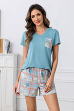 PNAEONG Womens Pajama Sets Short Sleeve V Neck Top and Plaid Shorts Lounge Sets Casual Pjs Soft Sleepwear