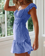 YOBECHO Womens Summer Ruffle Sleeve Sweetheart Neckline Printing Dress Mini Dresses