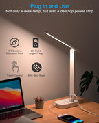 One Beat LED Small Desk Lamp Power Strip 5ft Extension Cord, 3 Outlets, 4 USB Ports(2 USB C), 4 Modes, 5 Level Touch- Home, Office, Bedroom, Bedside, Study Reading Light, Dorm Room Essentials, White