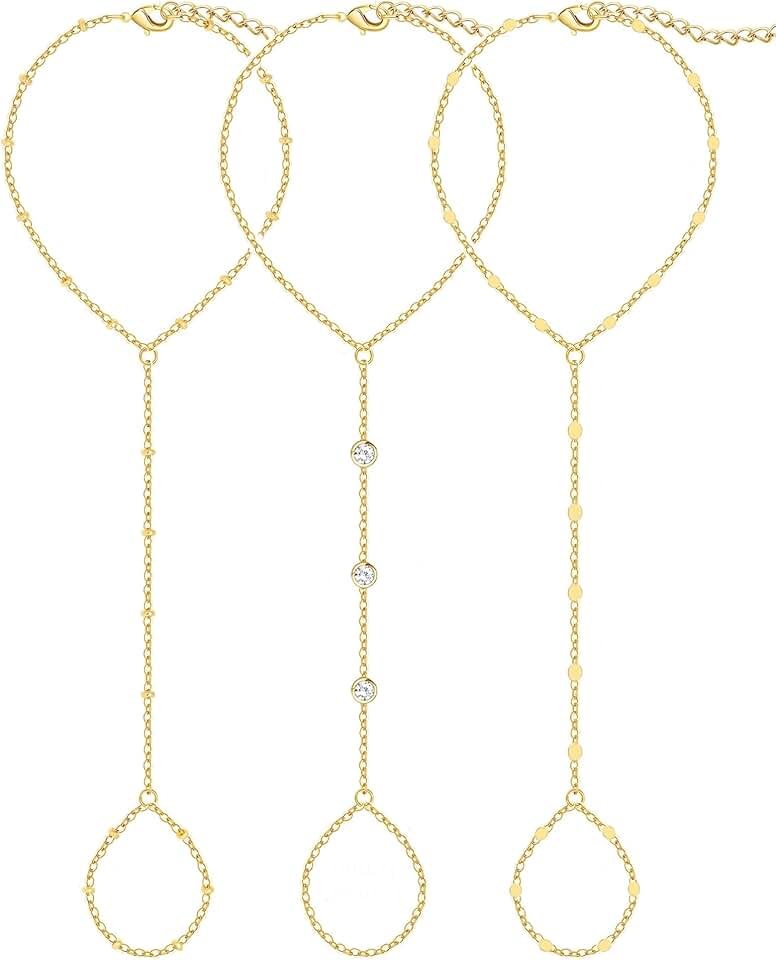 17 MILE 3PCS 14K Gold-Plated Hand Chain Bracelets for Women, Stack Bracelets Set Adjustable, Trendy Dainty Ring Bracelet