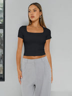 Trendy Queen Double Lined Short Sleeve Tshirts for Women Square Neck Cute Crop Top Spring Summer Basic Tees Workout Going Out