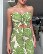 CHICME Floral Printed Prom Dress Tie Ruched Shirred Bandeau Party Dress Slim Fit Ruffle Hem Vacation Dresses