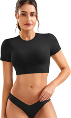 YEOREO Short Sleeve T Shirt for Women Double Lined Crop Top Crew Neck Workout Tee Colin Slim Fit Summer Basic Going Out Top