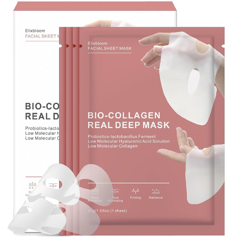 Bio-Collagen Face Mask, Real Deep Hydrating Collagen Overnight Mask, Face Masks Skincare, Facial Sheet Masks for Skin care, Pore Minimizing, Firming, and Moisturizing. (4 Count (Pack of 1))