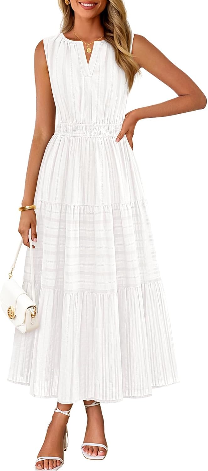 MEROKEETY Summer Spring Midi Maxi Dress for Women 2026 Casual Beach Vacation Sleeveless Boho V Neck Cotton Long Dresses