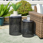 Glitzhome Outdoor Side Table Set of 2, Decorative Garden Stool for Patio Heavy Duty Metal Frame Accent Table Modern End Table, Glossy Black