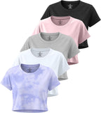 Real Essentials 5 Pack: Women's Dry-Fit Crop Top Short Sleeve Shirts Workout Gym Cropped Athletic Tee (Available in Plus)