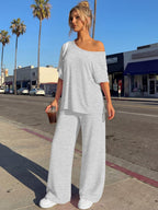 Trendy Queen Womens 2 Piece Lounge Sets Airport Travel Casual Outfits Off Shoulder Oversized Tshirts and Wide Leg Pants 2026