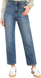 KDF Women's Cropped Straight Leg Jeans - High Waisted Jeans for Women 7/8 Length Denim Pants with Crop Hem