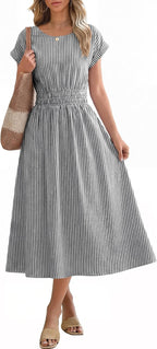ANRABESS Womens Summer Midi Dress Striped Casual Short Sleeve Crewneck Empire Waist 2026 Flowy Long Beach Dress with Pockets