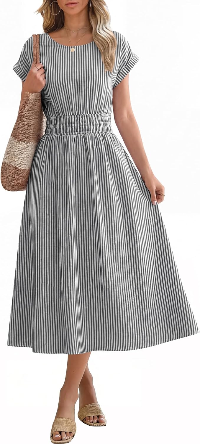 ANRABESS Womens Summer Midi Dress Striped Casual Short Sleeve Crewneck Empire Waist 2026 Flowy Long Beach Dress with Pockets
