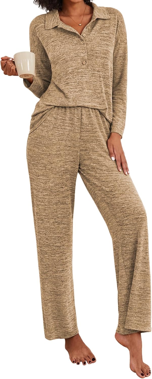 Ekouaer Women's Pajamas Set 2 Piece Knit Long Sleeve Button Down Sleepwear Soft Pjs Lounge Sets S-XXL