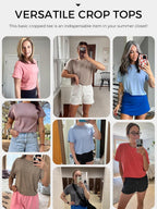 Tankaneo Women Short Sleeve Cropped T-Shirts Crew Neck Loose Crop Tops Summer Casual Drop Shoulder Basic Tees