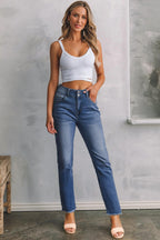 Sidefeel Women's High Waisted Jeans Strechy Fashion Raw Hem Straight Leg Ankle Denim Pants with Pockets