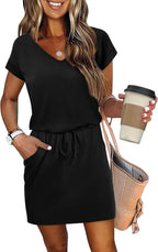 OFEEFAN Summer Dresses for Women 2026 V Neck T Shirt Casual Mini Dresses Tie Waist Sundresses with Pockets