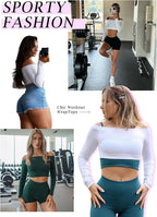 LASLULU Womens Off The Shoulder Tops Seamless Long Sleeve Workout Crop Top Sexy Gym Yoga Going Out Tops Shirts