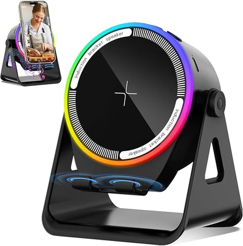 Wireless Induction Speaker, 5-in-1 Bluetooth 5.3 Phone Stand with 360° Rotation & RGB Ambient Light - Cool Tech Gadgets