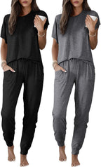 Ekouaer 2 pack Pajama Sets for Womens Jogger Pants Pjs Short Sleeves Lounge Set Soft Sleepwear with Pockets