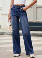 Sidefeel Women's Wide Leg Jeans High Waisted Stretchy Straight Leg Jeans Trendy Seamed Front Loose Denim Pants