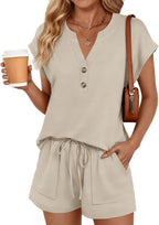 LILLUSORY Womens Henley 2 Piece Short Sets Summer 2026 Lounge Spring Beach Airport Travel Vacation Outfits Matching Sweatsuit