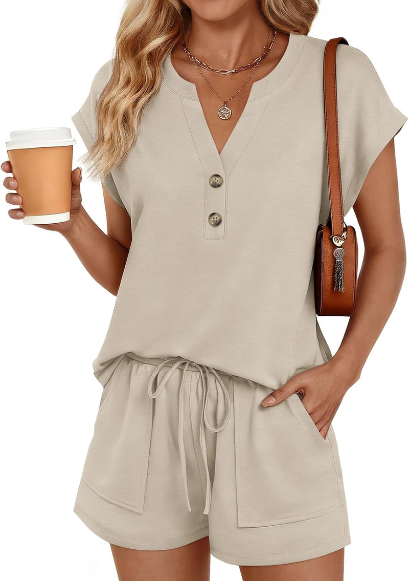 LILLUSORY Womens Henley 2 Piece Short Sets Summer 2026 Lounge Spring Beach Airport Travel Vacation Outfits Matching Sweatsuit