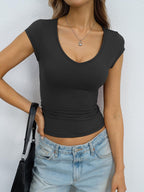 Eachyes Womens Deep V Neck Cap Sleeve Shirts Sexy Slim Fit Crop Tops Cute Basic Tees Y2k Going Out Summer Clothes 2026