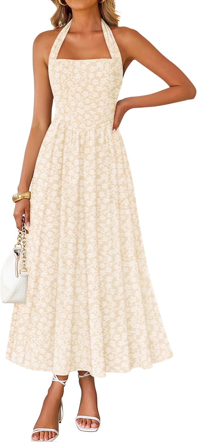 ZESICA Women's Summer Sleeveless Floral Maxi Dresses 2026 Halter Neck Flowy A Line Formal Cocktail Wedding Guest Long Dress