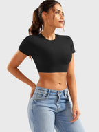YEOREO Short Sleeve T Shirt for Women Double Lined Crop Top Crew Neck Workout Tee Colin Slim Fit Summer Basic Going Out Top