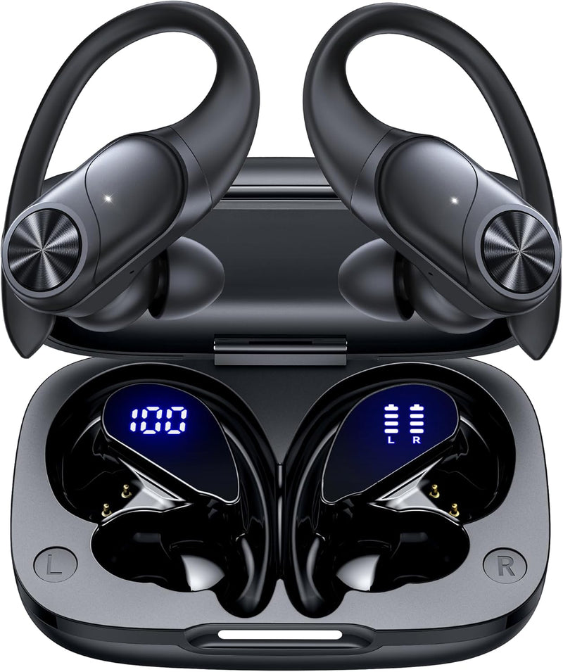 PocBuds Bluetooth Headphones Wireless Earbuds 80hrs Playtime Wireless Charging Case Digital Display Sports Ear Buds with Earhook Deep Bass IPX7 Waterproof Over-Ear Earphones for TV Phone Laptop Black