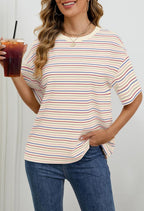 MEROKEETY Women's 2026 Summer Short Sleeve Tops Casual Colourful Striped Crewneck Loose Work T Shirts Blouses