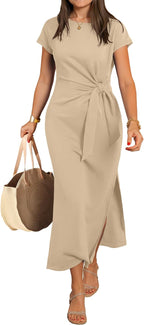 ANRABESS Womens Summer Maxi Dress Casual Crew Neck Tie Waist Split Wrinkle-Free Fit Long Fashion Vacation Dresses 2026 Spring