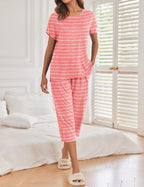 Ekouaer 2 Pack Womens Pajamas Sets Short Sleeve Tops and Capri Pants Pjs Colorful Printed Sleepwear Sets